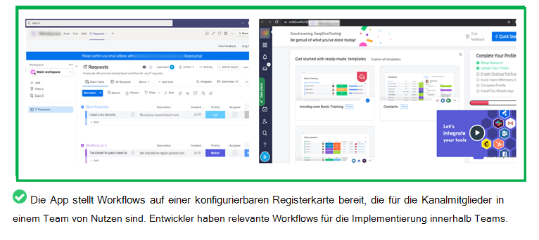 Die Grafik zeigt ein Beispiel für eine App mit einem Workflow, der für Kanalmitglieder innerhalb eines Teams nützlich ist.