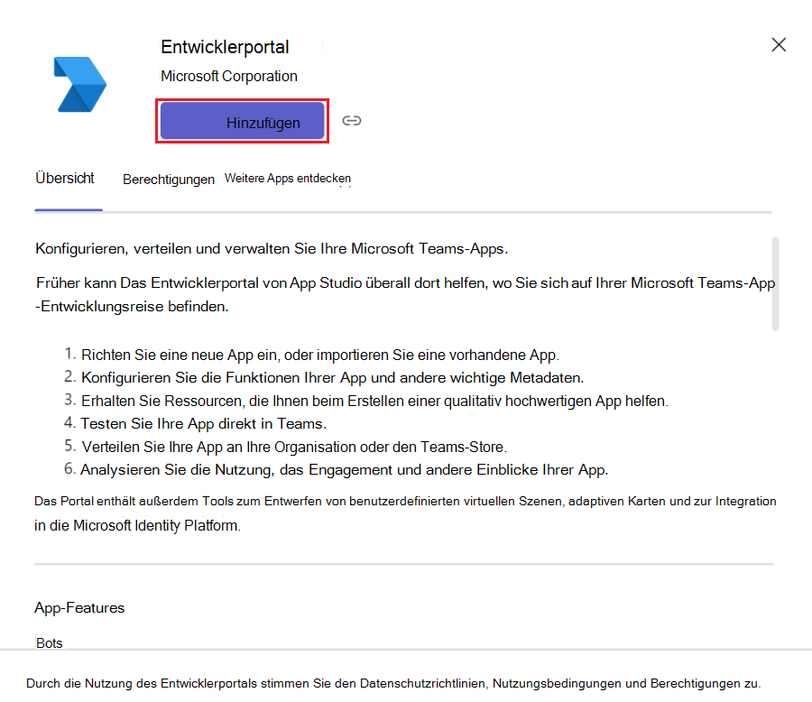 Screenshot: Hinzufügen des Entwicklerportals im Teams-Client
