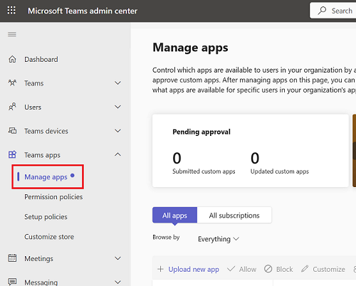 Screenshot: Teams Admin Center und Abschnitt zum Hochladen benutzerdefinierter Apps in Teams.