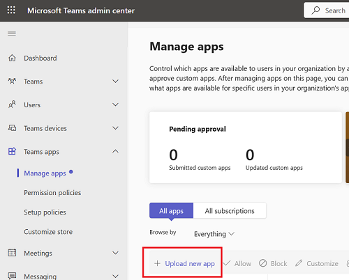 Screenshot des Teams Admin Centers und des Hochladens von benutzerdefinierten Apps