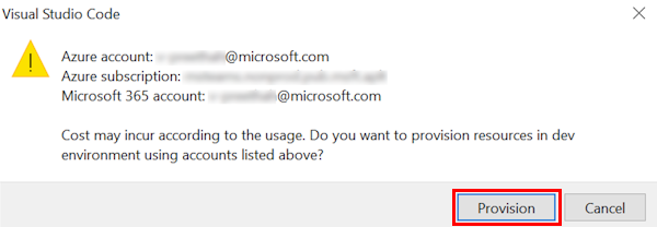 Screenshot eines Dialogfelds, in dem beim Ausführen von Ressourcen in Azure Möglicherweise Kosten anfallen.