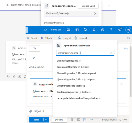 Der Screenshot ist ein Beispiel, das die Nachrichtenerweiterung zeigt, die in Outlook und Teams ausgeführt wird.