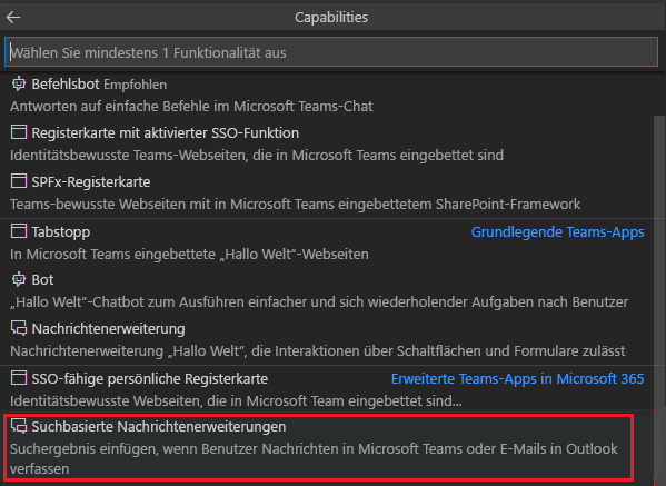 Screenshot: Befehlspalette zum Erstellen einer neuen Teams-App in VS Code zum Auflisten von Teams-Beispieloptionen