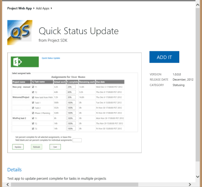 Hinzufügen der QuickStatus-App zu Project Web App