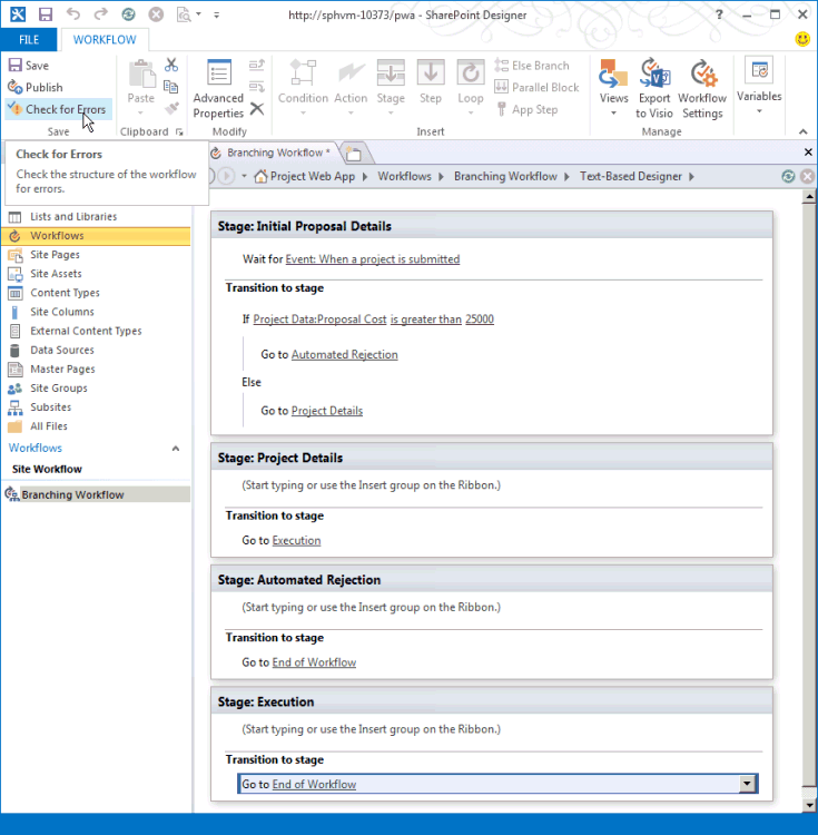 Überprüfen auf Fehler im Workflow