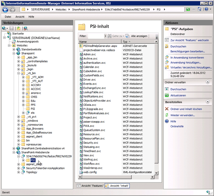 PSI-Dienste in IIS-Manager