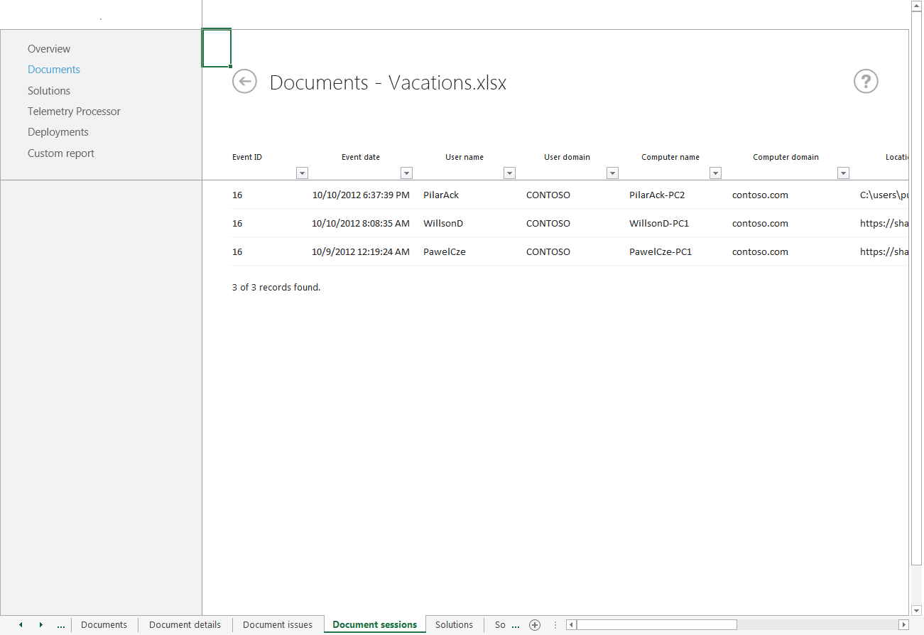 Screenshot: Dokumentsitzungen für Vacations.xlsx mit Ereignisdetails und Benutzerinformationen.