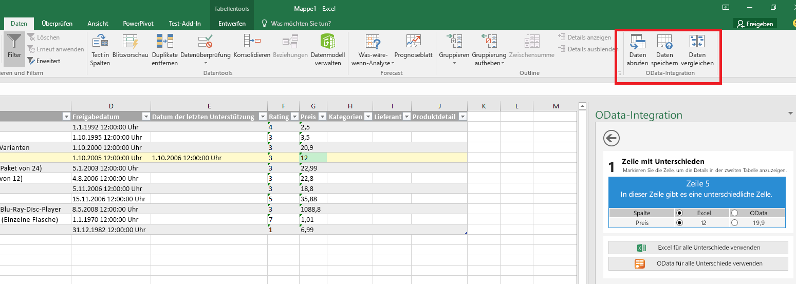 Im Excel-Menüband hervorgehobene Add-In-Beispielbefehle.