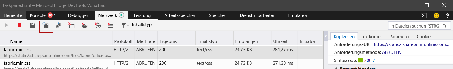 Microsoft Edge DevTools mit hervorgehobener Schaltfläche Immer vom Server aktualisieren.