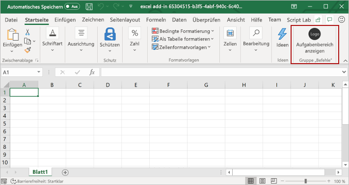 Das Excel Startmenü mit hervorgehobener Schaltfläche Aufgabenbereich anzeigen.