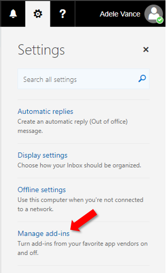 Die Option Add-Ins verwalten ist in klassischen Outlook im Web ausgewählt.