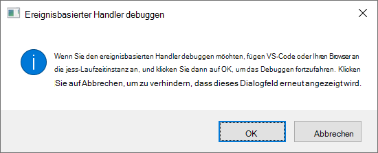 Das Dialogfeld Ereignisbasierten Handler debuggen in Windows.