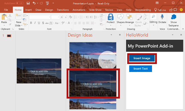 Die ausgewählte PowerPoint Titelfolie und die im Add-In hervorgehobene Schaltfläche Bild einfügen.