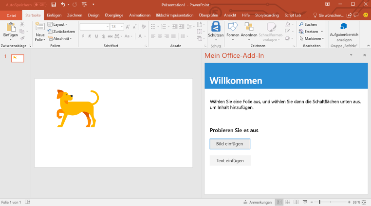 PowerPoint mit einem Bild eines Hundes, das auf der Folie angezeigt wird.