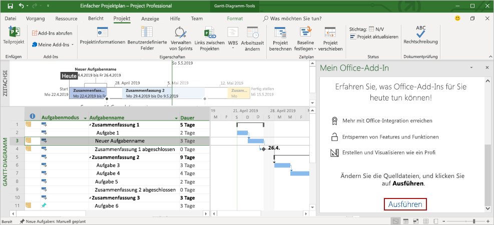 Die Project Anwendung mit geladenem Aufgabenbereich Add-In.