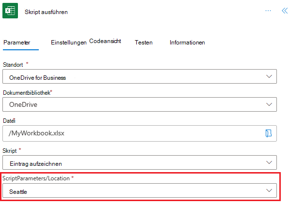 Die Aktion Skript ausführen zeigt ein zusätzliches Parameterfeld namens 