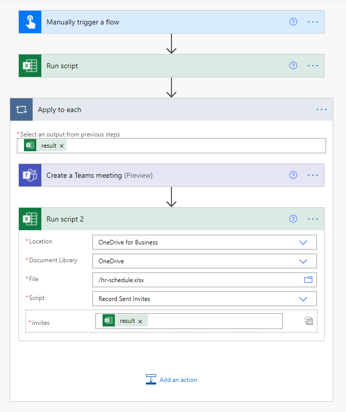 Der abgeschlossene Excel Online (Business)-Connector, um aufzuzeichnen, dass Einladungen gesendet wurden.