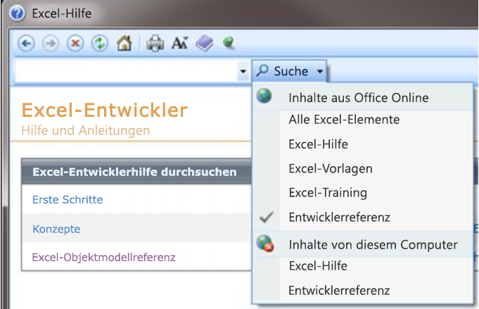 Das Filtern der Entwicklerhilfe gilt für alle Office-Anwendungen