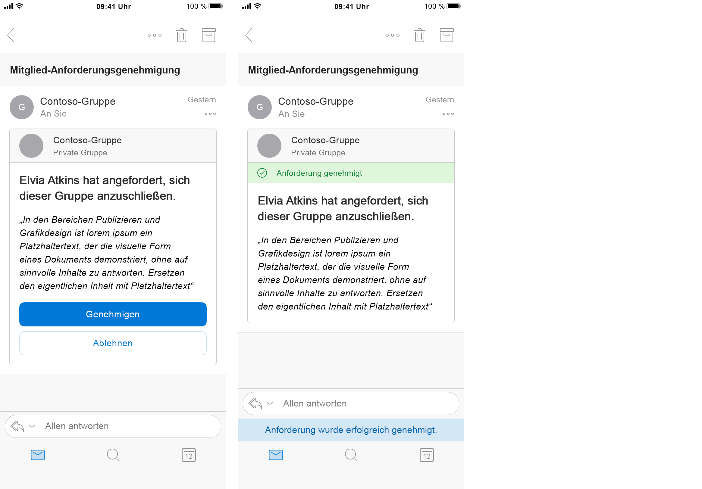 Eine in Outlook für iOS gerenderte Nachrichtenkarte mit einer Anfrage für einen Gruppenbeitritt.