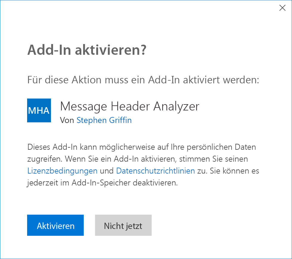 Screenshot der Aufforderung zum Installieren eines Add-Ins, wenn sie über eine Nachricht mit Aktionen aufgerufen werden.