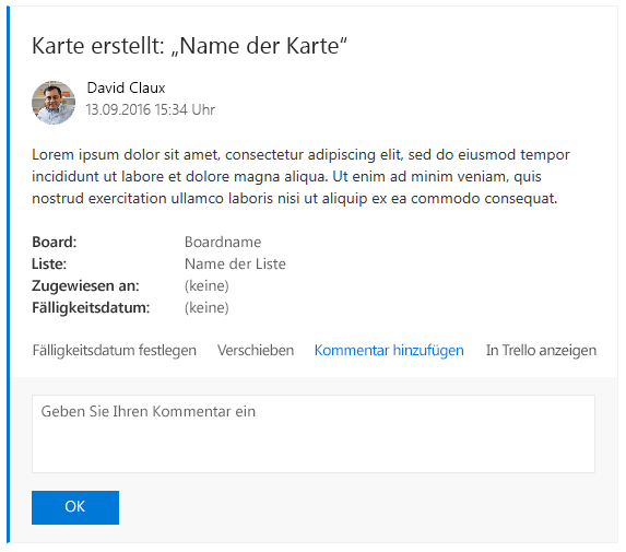 Eine Beispiel-Trello-Karte mit einer erweiterten Aktionskarte.