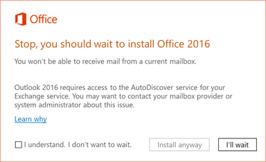 Screenshot der Fehlermeldung beim Upgrade auf Office 2016.