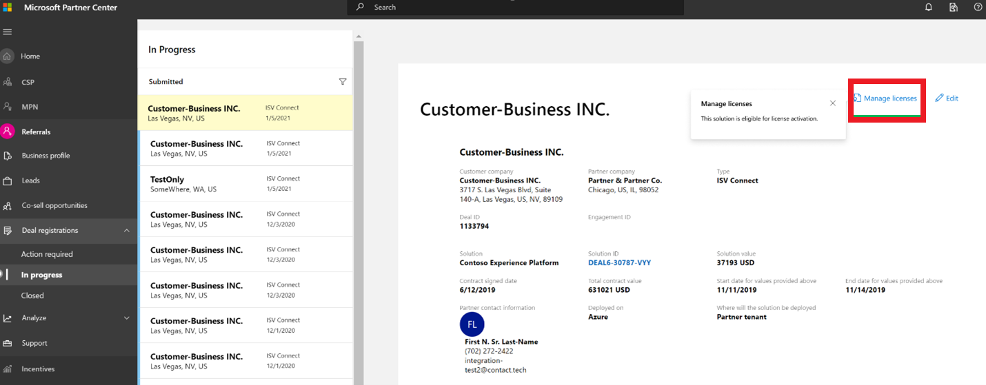 Screenshot des Formulars, in dem Sie Lizenzen für einen ISV Connect-Deal verwalten können.