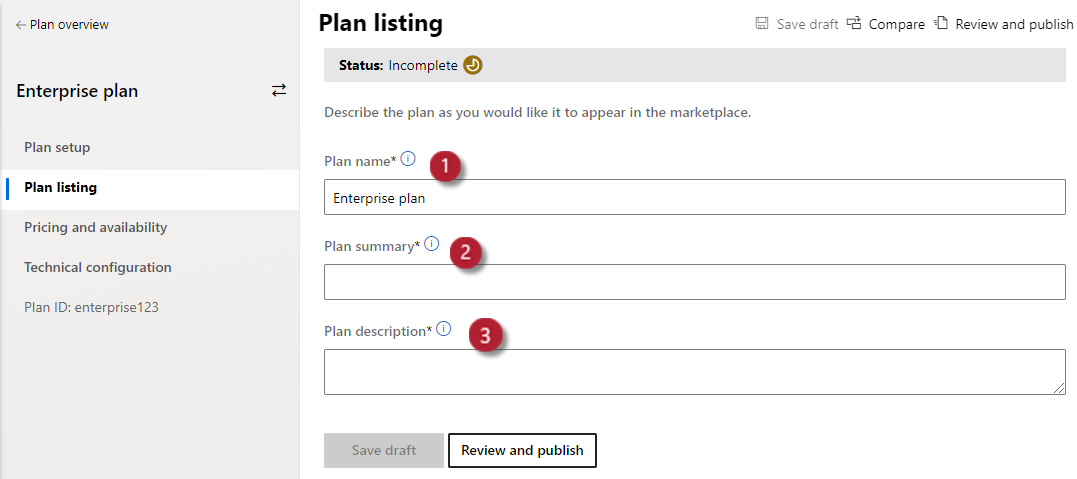 Veranschaulicht die Planlistingseite in Partner Center. Die Felder Planname, Planzusammenfassung und Planbeschreibung sind hervorgehoben.