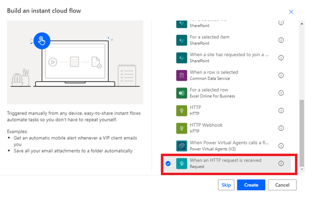 Zeigt an wie eine Schaltfläche „Überspringen“ im Fenster „Automatisierter Flow“ erstellt wird.