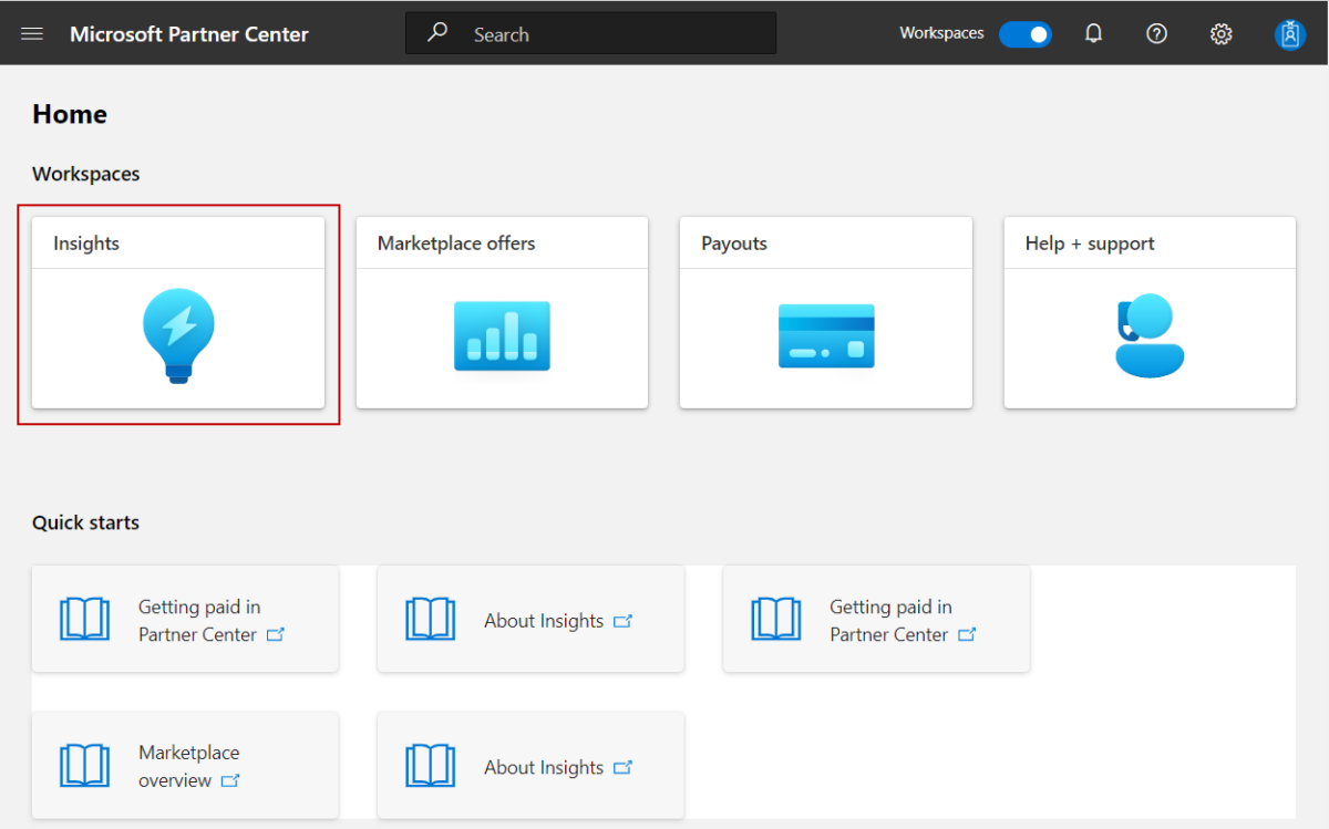 Abbildung: Kachel „Insights“ auf der Homepage von Partner Center