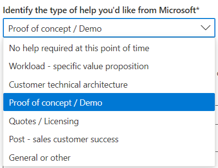 Screenshot des Dropdownmenüs im Partner Center, um den Gewünschten Hilfetyp zu identifizieren.