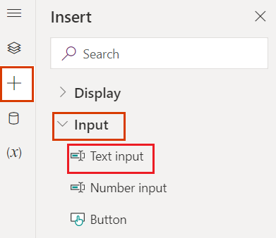 Screenshot des Toolbereichs des Karten-Designers mit eingeblendeten „input“-Steuerelementen und hervorgehobenem „Texteingabe“-Steuerelement.