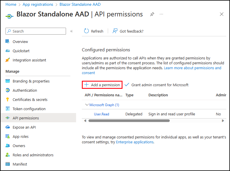 Die Seite mit den Einstellungen für die API-Berechtigungen für registrierte Anwendungen.