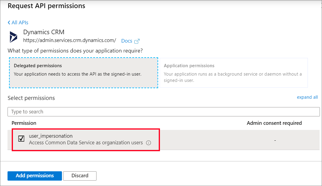 Hinzufügen der Dataverse-Berechtigung „user_impersonation“.