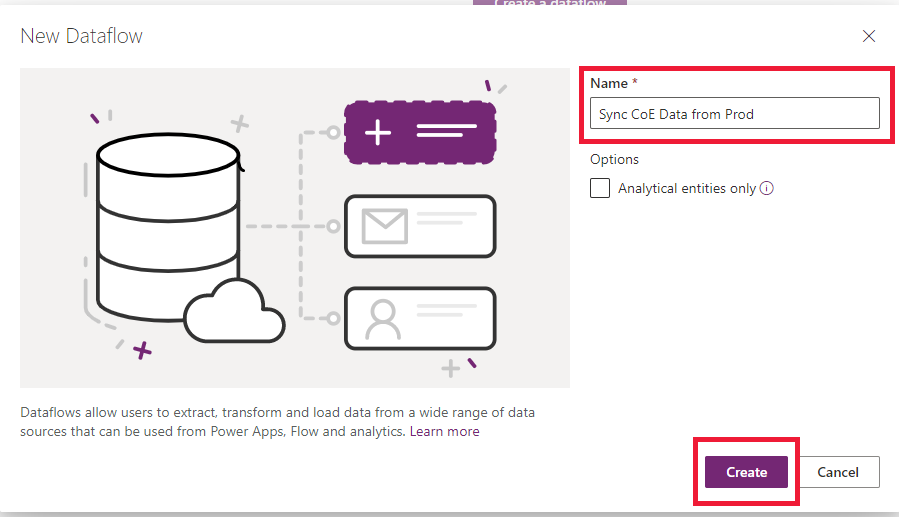 Aufforderung zu einem neuen Dataflow.