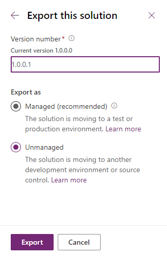 Option zur Auswahl zum Exportieren einer nicht verwalteten Lösung.