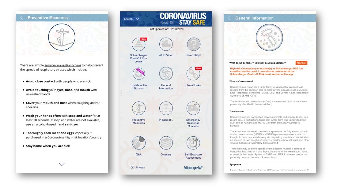 Einige Screenshots der App „Stay SAFE“ von Schlumberger