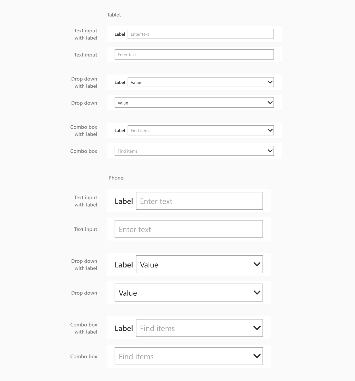 Horizontale Texteingabe, Dropdown und Kombinationsfeld.