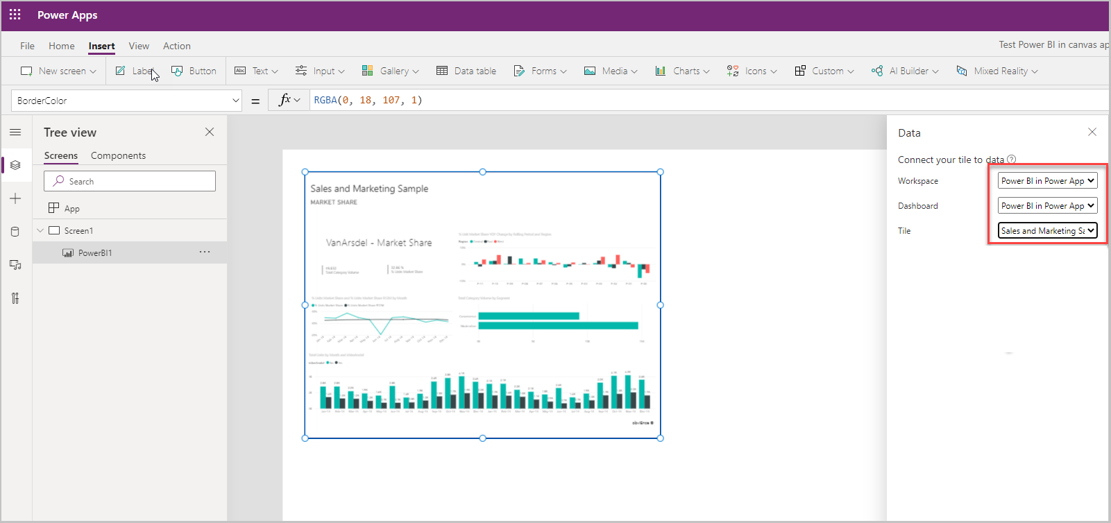 Power BI Kachel wird zur Canvas App hinzugefügt