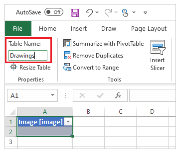 Benennen Sie die Tabelle in „Zeichnungen“ um.