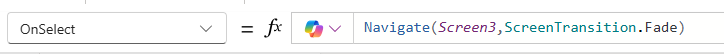 Screenshot, der zeigt, dass die OnSelect-Eigenschaft auf die Navigate-Funktion eingestellt ist.