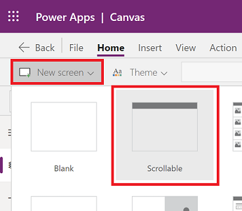 Wählen Sie einen neuen Bildschirm und dann einen scrollbaren Bildschirmtyp.