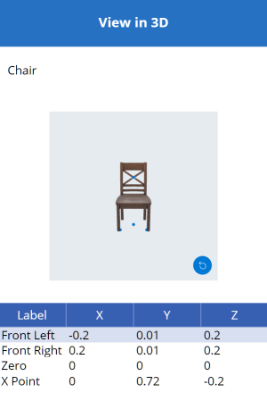 Ein Screenshot eines im Bau befindlichen 3D-Modells in Microsoft Power Apps Studio. Auf dem Modell wurden vier Stifte platziert, und Informationen zu den Stiften werden in einer Tabelle unter dem Modell angezeigt.