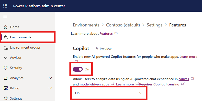 Screenshot der Einstellungen für die Power Platform Admin Center-Umgebung mit Copilot-Features.