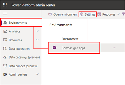 Screenshot des Power Platform Admin Center mit ausgewählter Umgebung.