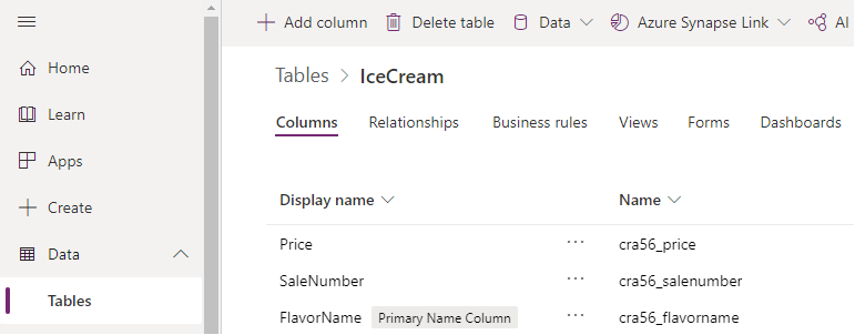 Schema der IceCreams-Tabelle.