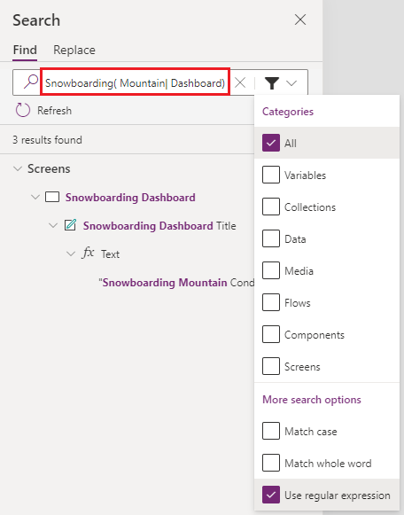 Ein Beispiel der Syntax für die Übereinstimmung mit regulären Ausdrücken bei der Suche nach Text.