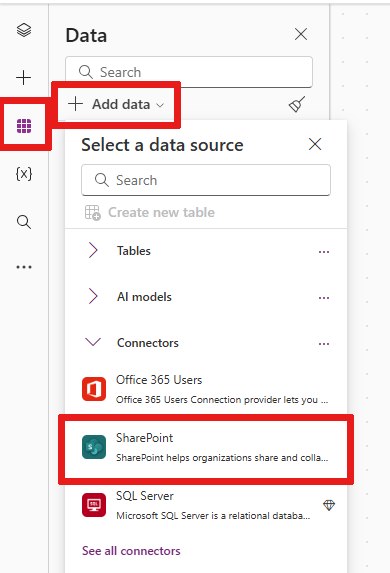 Screenshot showing where you can connect to a SharePoint list through the Data, Add data, and Connectors menu.