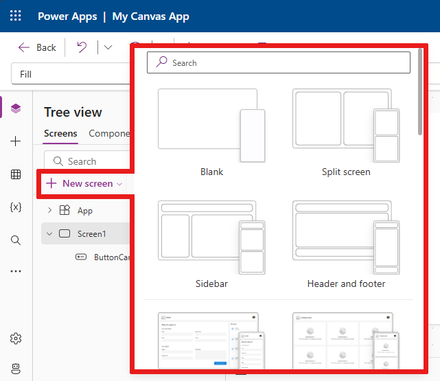 Screenshot zum Auswählen eines Layout aus dem Menü „Neuer Bildschirm“