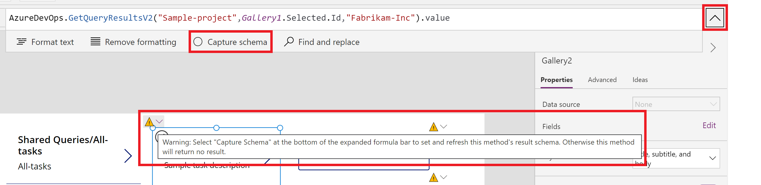 Option zum Erfassen des Schemas und eine Warnmeldung für dynamische Schemaserviceaufrufe.